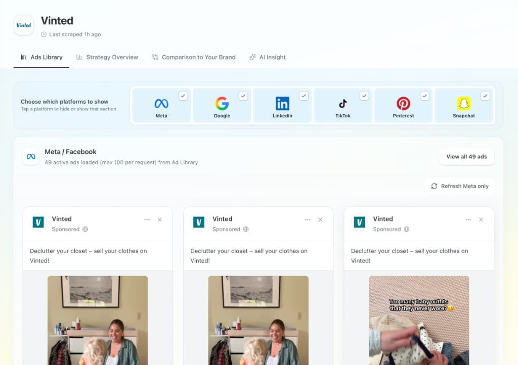 Rival Ads Library preview showing cross‑platform Meta, Google and other ad creatives in one place.